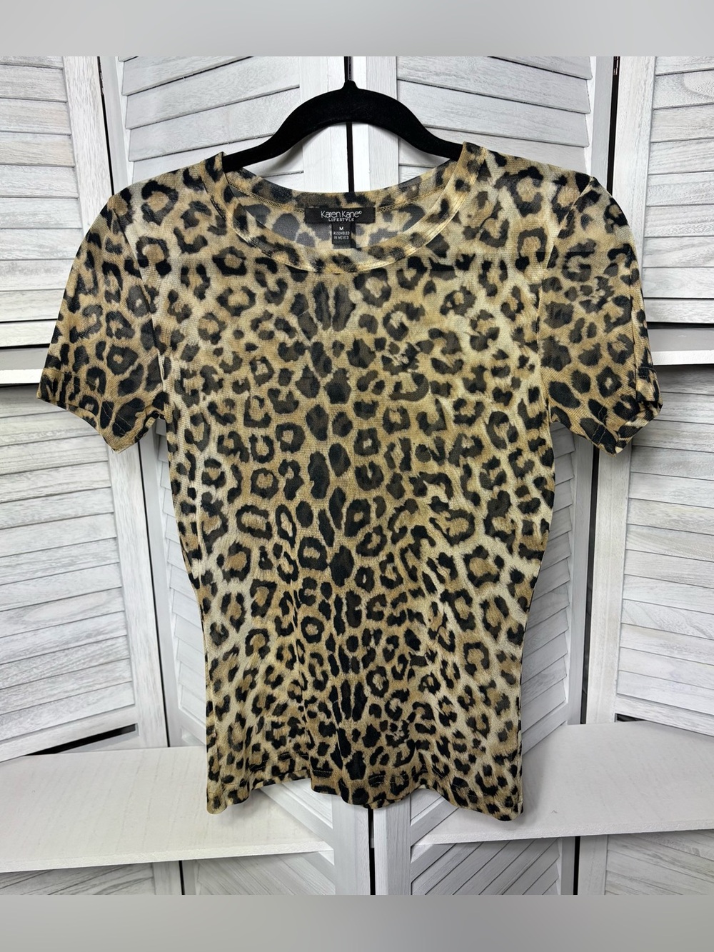 Karen Kane Leopard Print Sheer Mesh Top M Animal Print Y2K